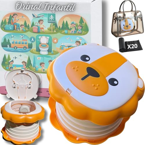Orinal Portatil Niños Plegable Naranja Compacto 26x26x6cm y Ligero 800Gr para llevar siempre contigo | Diseño León Divertido facilita que tu bebe aprenda a ir al baño | Incluye 20 bolsas |Resiste 70kg