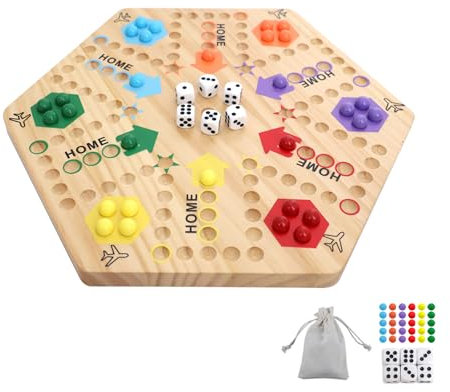 Original Marble Game Wahoo Board Game Neues Ludo-Spiel, 37,5 cm großes Massivholz-Doppelseitiges Spielbrett für 6 und 4 Spieler, liefert 24 Spielkugeln，6 Würfel und eine Anleitung –