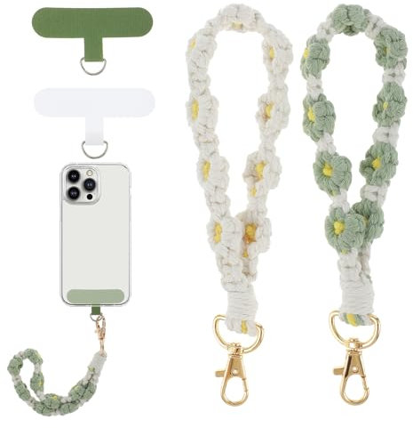 2 Pack Boho Macrame Phone Lanyard with 2 Pcs Tether Tab, Anti Theft Lanyard for Phone Compatible with Most Smartphones for Women Men (1 White, 1 Green)