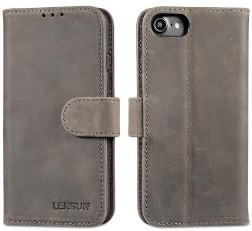 LENSUN Echtleder Hülle für iPhone 8/iPhone 7/SE 2020/SE2022, Graubraun | Handyhülle Echtes Leder, RFID Blocker Kartenfach, Vintage Handytasche, Klappbar Lederhülle, Magnetverschluss