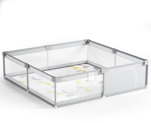 INVOKER Baby Playpen 200 * 200 cm mit Matte, Großer Laufstall mit transparenten Mesh-Wänden und Reißverschlusstür, Kindersicherungszaun für Innen- & Außenbereich inkl. Tragetasche