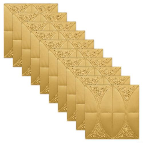 Set di 10 pannelli da parete impermeabili in schiuma 3D, adesivi isolanti acustici, per la decorazione della casa, facili da applicare e rimuovere (oro)