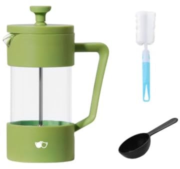 W&M French Press - Cafetiere - Coffee Press - Caffettiera - Borosilicate Glass Filter, Stainless Steel and Triple Filter - Tea Pot - Coffe Cafetiere - Measuring Spoon + Cleaner - Green - 350ml