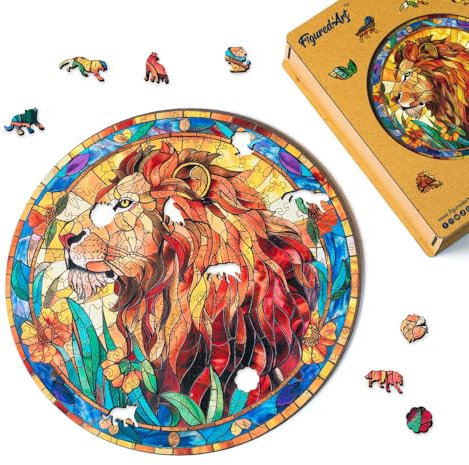 Figured'Art Holzpuzzle Erwachsene und Kinder 200 Teile Tiere - Buntglaslöwe - Originelles Design 28,5x28,5 cm Einzigartige Form mit Premium-Holzkiste