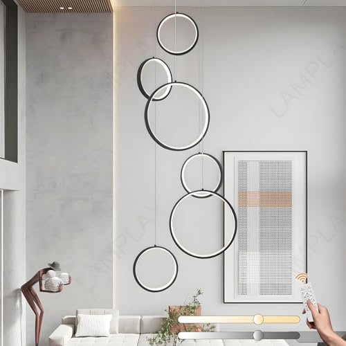 LAMPLAY LED-Kronleuchter Für Lange Treppen, Hoher Decke Mit 6 Schwarzen Ringen Lampe, DIY-Höhenverstellbare Pendelleuchte Für Den Eingangsbereich, Dimmbar Mit Fernbedienung 3000K-6000K
