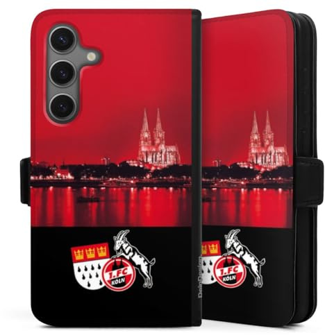 Klapphülle kompatibel mit Samsung Galaxy S 25 Handyhülle aus Kunst Leder schwarz Flip Case Skyline 1. FC Köln Offizielles Lizenzprodukt
