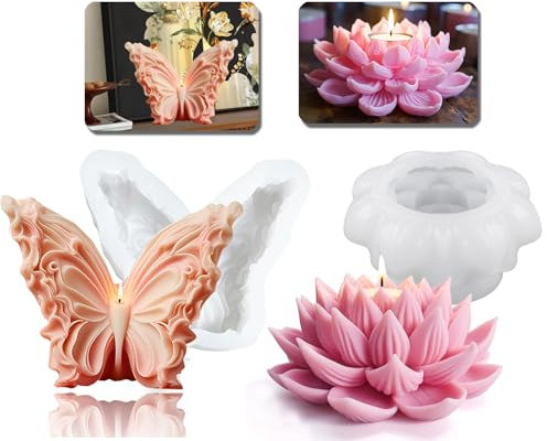 2 Stampi in Silicone 3D a Forma di Farfalla e Fiori per Realizzare Candele,stampi colata in Resina Silicone per Fiori di Loto e portacandele,Scatola portaoggetti a Forma di Fiore Fai-da-Te
