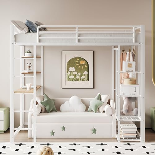 Letto a soppalco con scala (90 x 200 cm), letto singolo con tavolo, facile da appendere con ripiani (bianco, 90 x 200 cm)