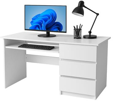eacommerce - Scrivania in Legno Melaminico | 3 Cassetti e Vano Porta Tastiera | Design Compatto e Spazioso | Facile da Montare | Ideale per Casa e Ufficio, 120x50x75H cm, Colore Bianco