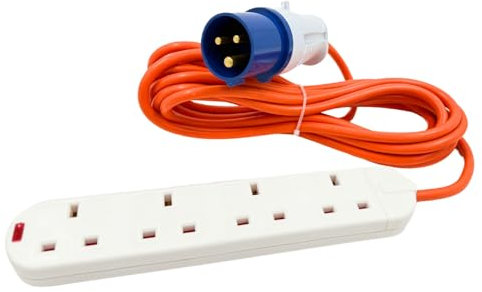 16A to 13A Extension Lead 5 Metres – Camping Electric Hook Up Cable with UK 3-Pin Plug Sockets – 240V Mains Lead for Caravans, Motorhomes, Catering Trailers & Generators – 3-Pin Blue Plug