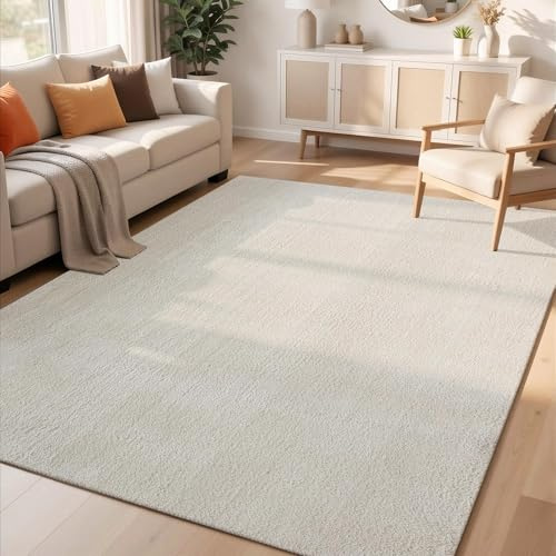Comfy Washable Plain Non-Slip Living Room Area Rug, Cream, 200x280cm