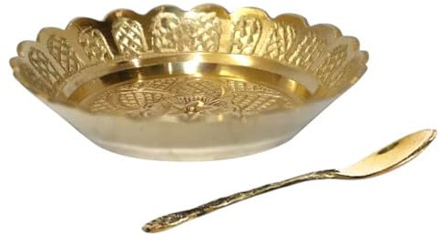BRACOP® Brass Flower Pooja Thali Plate with Spoon Hindu Puja Accessories