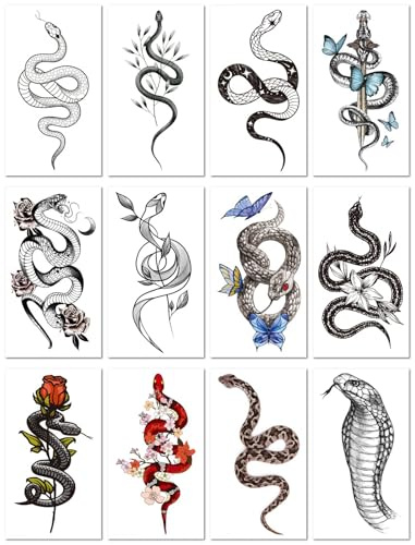 Lot De 12 Tatouages Temporaires Imperméables Motif Serpent Et Fleur, Personnalisés, Tendance, Pour Hommes Et Femmes