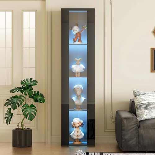 Vitrinenschrank mit LED Beleuchtung, 40x29x170 cm Glasvitrine Stehend mit 1 Glastür und 3 Glasböden, Vitrine Hochschrank Schwarz, Standschrank Bücherschrank Stauraumvitrine für Wohnzimmer Büro