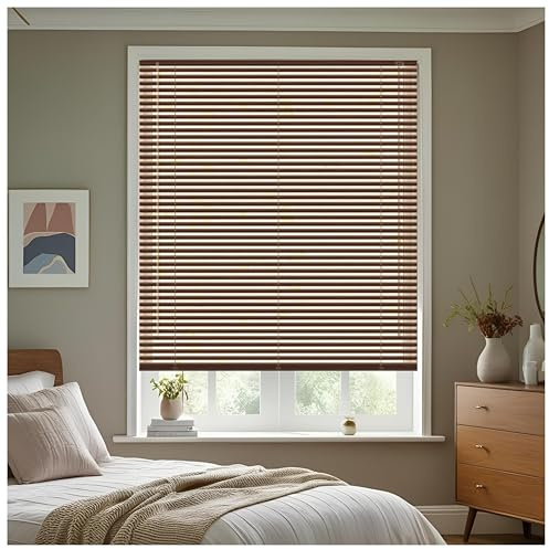 J.Din Walnut Wood Grain Effect Made To Measure PVC Venetian Window Blinds Easy Fit Windows Treatment Curtains 25mm Slats Wooden Shutters Child Safe Fittings 75W x 150H cm