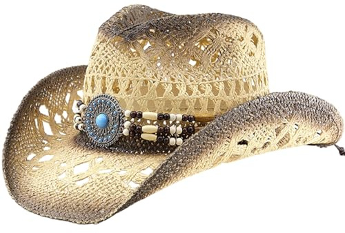 HoveeLuty Cowboyhut aus Stroh mit dekorativen Bändern, Westernhut aus Stroh mit formbarer Krempe, für Damen und Herren, Strand, Sonne, brauner Cowboyhut, Cowgirlhut, Cowboyhüte für Damen