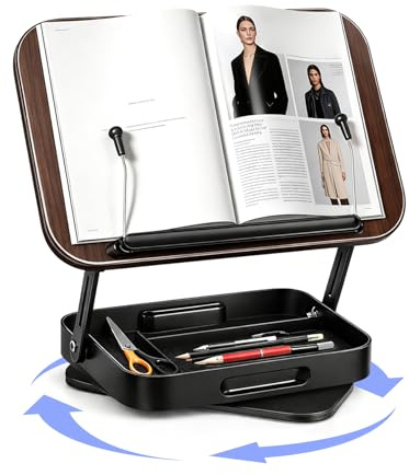 Joyzan Leggio per Libri, Porta Libri da Scrivania con Archiviazion in Legno Leggio da Tavolo Regolabile Girevole 360° Supporto Accessori Lettura Spazio Clip Spartiti Musicali Ricette Computer Ufficio