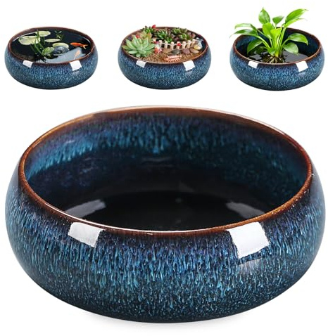 Lotus Bonsai Schale, Lotus Pflanze Keramik Blumenschale, Lotus Schüssel Pflanzer 16.8*6.5CM, Hydroponischer Pflanztopf Aus Keramik, Sukkulenten Topf Für Blume Succulent Hydroponic Pflanze(Blau)