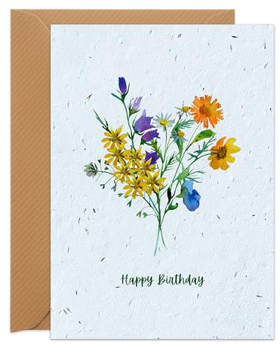UK Seed Paper Plantable Birthday Card Meadow Birthday Large Size (140 x 180mm Folded), Eco Friendly Birthday Card and Seed Envelope with Flower Design