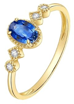 Wycian Promise Ring mit Gravur Goldring Damen 18 Karat Echtgold Elegant Dünn mit Ovalem Saphir und Diamant Größe 58 (18.5) Massiv, Nicht Plattiert Mode Jubiläum Schmuck