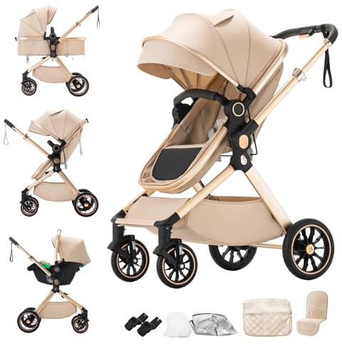 Shineey kinderwagen 3 in 1 Buggy Babybett Leichter Zusammenklappbarer Kinderwagen, 3 in 1 KombiKinderwagen Aluminiumrahmen für Neugeborene (U9-X-BEIGE, U9-X)