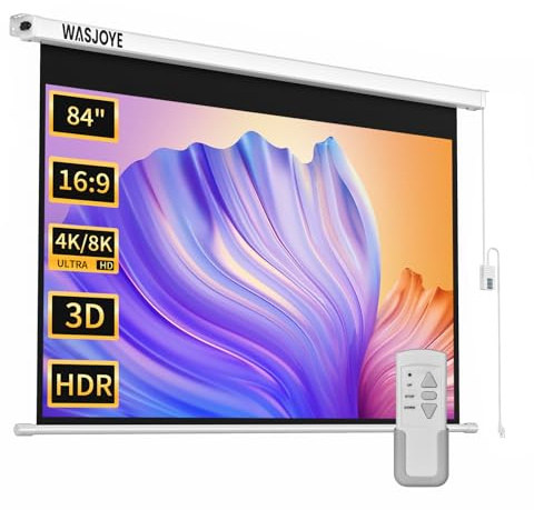 WASJOYE 84 Leinwand Beamer Elektrisch Diagonale Automatische Projektion 16:9 8K HD Filme Schirm für Heimkino Büro Videospiel Outdoor Indoor, Projector Screen W/Fernbedienung und Wand/Decke Mount