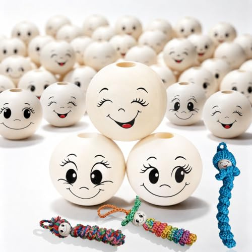 66 Stück 30mm Holzkugeln mit Gesicht mit Loch,Smiley Holzperlen Auffädeln | 66-teiliges Set,Für sorgenwürmchen & Glückswürmer Häkeln, DIY Basteln, Weihnachtsdeko, Klare Gesichtsdruck,Langlebige Farben