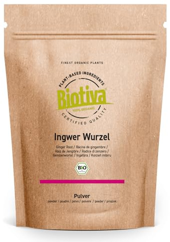 Ingwerpulver Bio 250g - Ingwer - Ingwerwurzel gemahlen - z.B. für Ingwertee und Ingwerwasser - Abgefüllt und kontrolliert in Deutschland - Biotiva