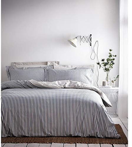 The Linen Yard The Hebden Duvet Set Reversible Striped Design-2 x Pillowcases Included Machine Washable-200 x 200cm (79 x 79 inches), Cotton, Blue/Grey/Natural, Double