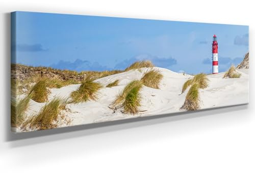 Atemberaubendes Nordsee Bild als Panorama Leinwand 150x50cm, Motiv Dünen & Leuchtturm. Ein einzigartiges XXL Wandbild als Deko für Wohnzimmer, Schlafzimmer, Küche. Aufgespannt auf Holzrahmen