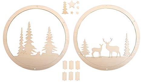 Rayher Holz Kranz Winterland, FSC Mix Credit, 30cm ø, natur, Set 14-tlg., mit Stegen, Box 1Set, Holz Deko Kranz mit Motiv, Weihnachtsdekoration, 62982505