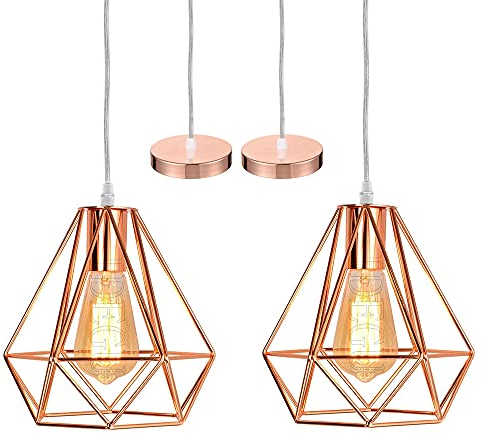 iDEGU 2 PACK Suspension Luminaire Moderne, Lustre Plafonnier Industriel Lampe de Plafond Abat-Jour en Forme de Cage Métal Décoration d'éclairage pour Chambre Salon Salle à Manger, Or Rose (20CM)