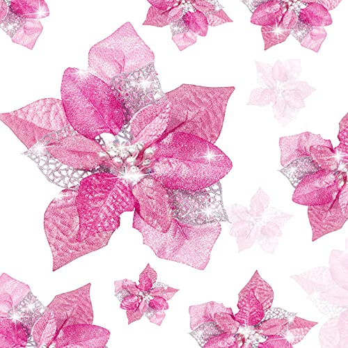 WILLBOND 36 Stücke Weihnachten Glitzer Künstliche Weihnachtsstern Blumen Weihnachtsblume Dekorationen Hochzeit Weihnachtsbaum Neujahr Ornamente (Rosa)