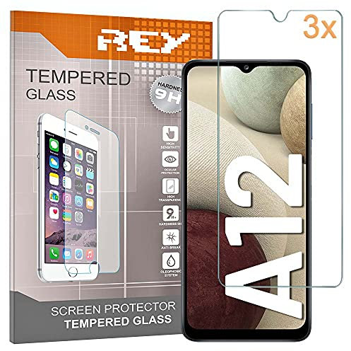 REY 3X Protector de Pantalla para Samsung Galaxy A12 - Samsung Galaxy M12, Cristal Vidrio Templado Premium