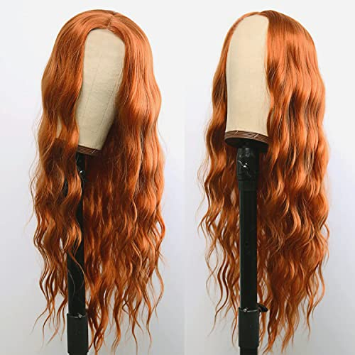 MEIRIYFA Lange gewellte orangefarbene Perücke für schwarze Frauen, 68,6 cm, Mittelscheitel, kein Pony, lange Wasserwellen-Perücke, Kunsthaarperücke, Party, Halloween, Cosplay-Perücke