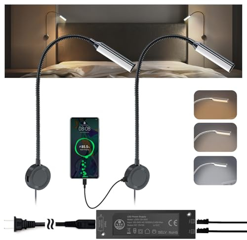 VST 2 Pack Black Wall Mounted Reading Light for Bed,Dorm, Flexible Gooseneck Bedside Headboard Book Light, 36W Driver,ETL-Listed, Touch Dimmable 3 Color Temp (3000K/4000K/6000K), USB & Type-C Ports