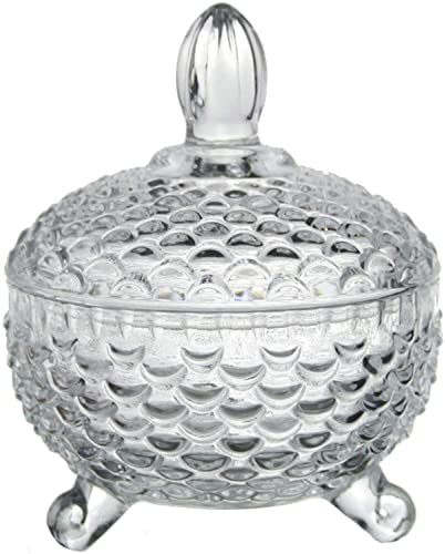 Glass Candy Sweet Bowl Jar with Lid Crystal Cut Look Bonbon Jar Sugar Bowl Small Decorative Chocolate Dish Storage Container Candy Buffet Box Round Footed Clear, Fish Scale, GCH045