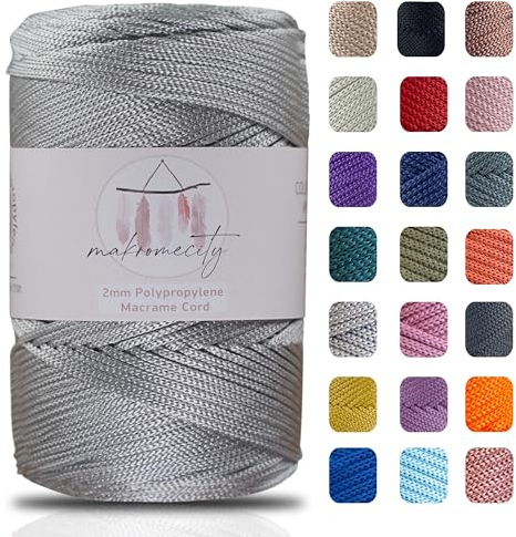 Makromecity Fil pour macramé,2 mmx230 m,En polyester de qualité supérieure,Pour artisanat,Décoration d'intérieur,Assiette de présentation,Sac à main,Attache tétine,20 couleurs (gris clair)
