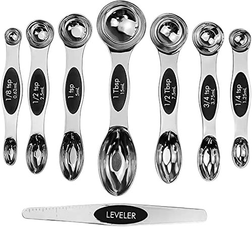 Magnetic Measuring Spoons Set of 8 | Stainless Steel Dual Sided Measure Kitchen Teaspoons and Tablespoon with Leveller | Weighing Dry and Liquid Ingredients for Cooking, Baking (Silver)