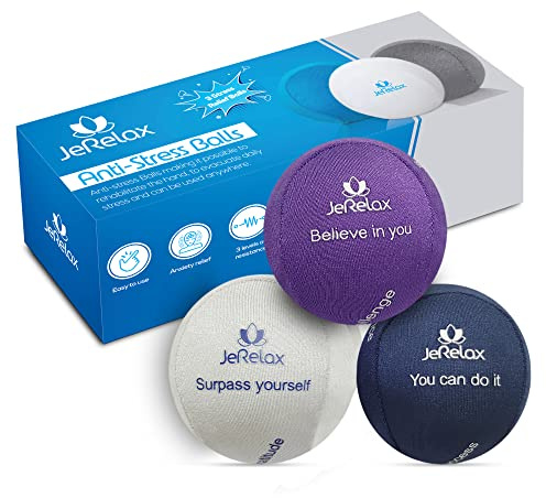 JeRelax - 3er-Set Anti-Stress-Bälle, Handtrainer, 3 Widerstände und 3 Düfte, baut Stress ab, verbessert die Konzentration. Kräftigung der Handgelenke, Finger und Hände, Unterarmtrainer