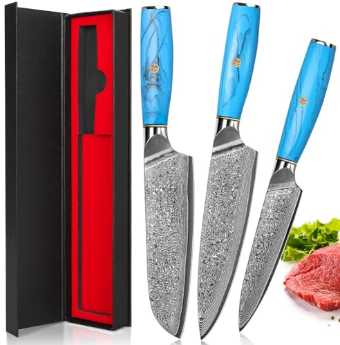 kyushublade Damast Kochmesser set, 3-teilig Chefmesser set,Küchenmesser aus 67 Schichten Damaststahl Messer mit Blaues Harz Ergonomischer Griff für Haushalt,Restaurant