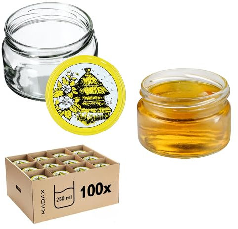 KADAX 100er Set Marmeladengläser 250ml mit Schraubdeckel Ø 82 mm in Bienenstock - luftdichte, spülmaschinenfest, ideal für Marmelade, Chutneys, Eingelegtes Gemüse, Fleisch, Pasteten & Babynahrung