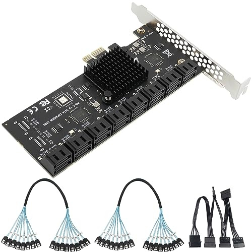 SATA-Erweiterungskarte PCIe X1 auf 16-Port SATA3.0 SSD 6 Gbit/s Controller-Adapterkarte mit 2 x 8 auf 8 Bündelkabeln für Win10/8/7/XP/Vista/Linux (16 Port SATA)