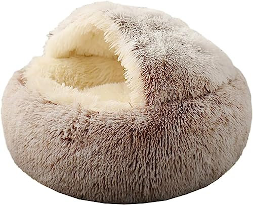 MEETOZ Cat Bed Round Fluffy Hooded Cat Bed Cave with Non-collapsed Plush Cover, Faux Fur Cuddler Round Comfortable Self Warming Pet Bed, Machine Washable, Waterproof Bottom