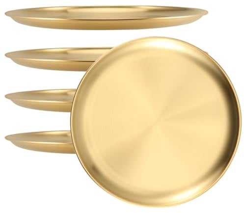 ZOENHOU 5 Pcs 20cm Stainless Steel Dinner Plates, Round Serving Platter Plates Dishes, Rust Resistant Gold Metal Plates for Camping, Barbecue, Picnics, and Outdoor Use