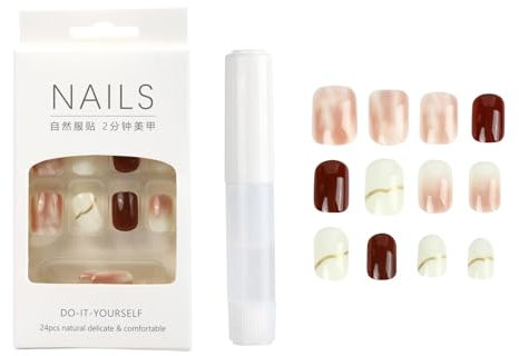 24 Pcs French Tip False Nails, Square Short False Nails with Nail Glue, Press on Nails Stick on Nails for Women and Girls Nail Art (Brown Rendering)