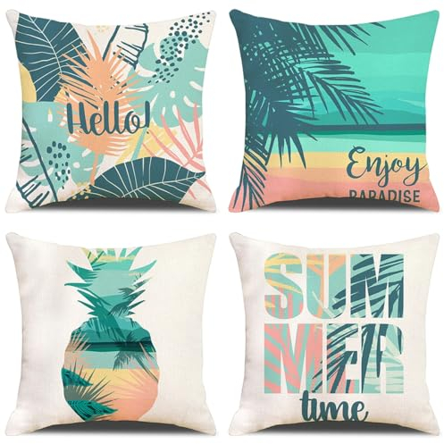 GYISANA 4er Set Dekorativ Kissenhülle Baumwolle Leinen Kissenbezug Dekokissen Sofakissen für Couch, Auto, Schlafzimmer 45x45 cm (Sommer Ananas)