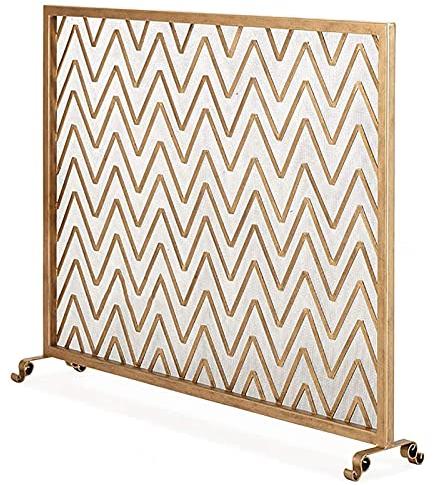 Kaminschutz, moderner, einteiliger Kaminschutz, Kaminschutz für den Innen- und Außenbereich, für Holzkohleöfen, offene Feuer, Gaskamine (Farbe: Schwarz) (Gold), schöne Landschaft (Gold)
