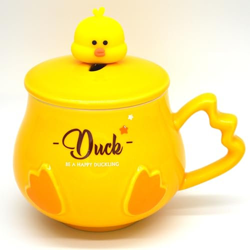 Coffee Mug Cups - Funny Yellow Duck Cup with Hat Lid and Lovely Flower Spoon,Cute Novelty Ceramic Tea & Coffee Cup,15.8 Oz,Suit for Mug Warmer,Gifts for Her Wife Mum Grandma Girl Teacher Friend (D)
