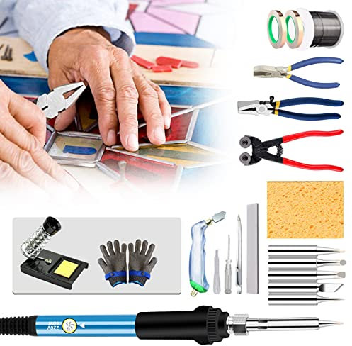 Stained Glass Kit With Glass Cutter Tool Kit & 60w Soldering Iron - Professional Set W/ 2m Copper Foil Tape, 500g Solder Wire, & Cut-Resistant Gloves For Crafting Beginners